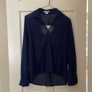 Navy, slightly sheer Bar III blouse, never worn, like new